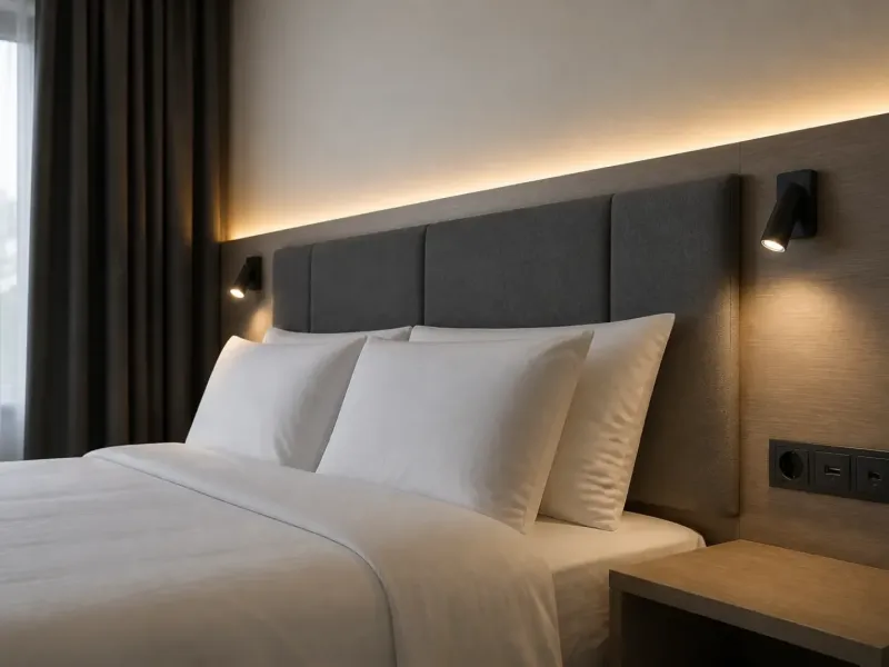 Chambre d’hôtel rénovée, tête de lit avec liseuses et prises intégrées, éclairage indirect
