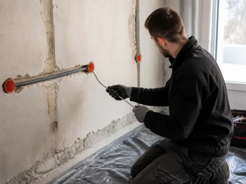 Saignées dans un mur de maison en rénovation, gaines électriques neuves et boîtes d’encastrement