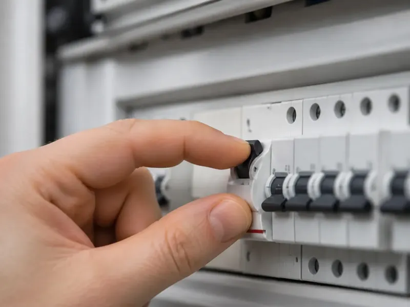 Main réarmant un interrupteur différentiel dans un tableau électrique domestique