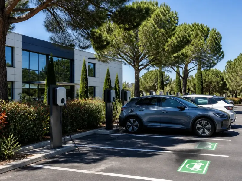 Rangée de bornes de recharge sur un parking d’entreprise, marquages au sol