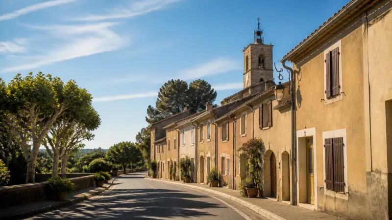 Rue de village provençal bordée de maisons basses et d’un clocher