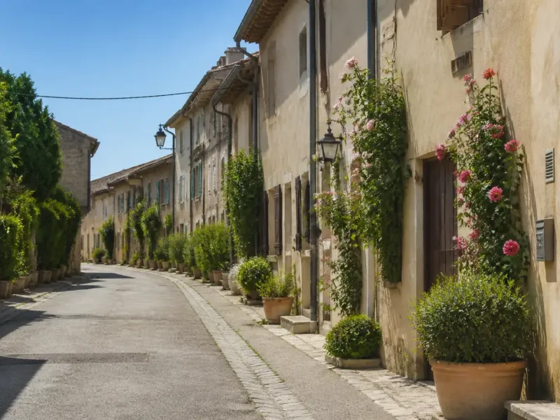 Maisons de village alignées aux façades identiques, volets en bois et petits jardins