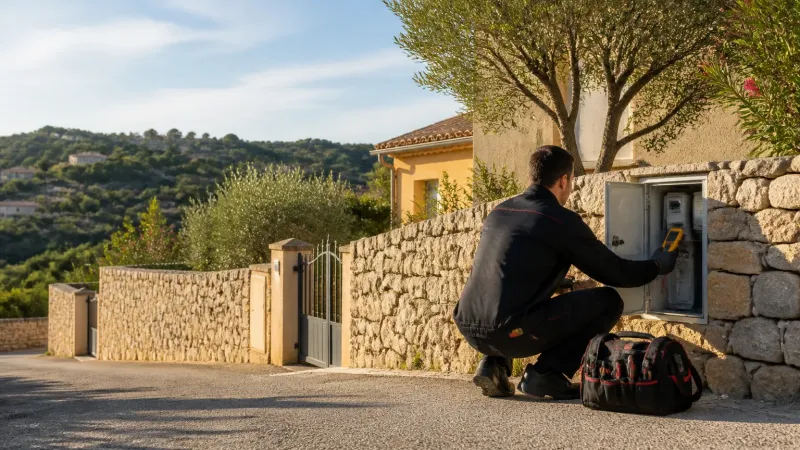 Électricien ouvrant le coffret électrique extérieur d’une villa dans les collines au nord de Marseille