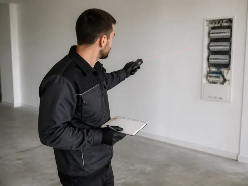 Électricien relevant les mesures d’un local avant d’établir un devis, carnet à la main