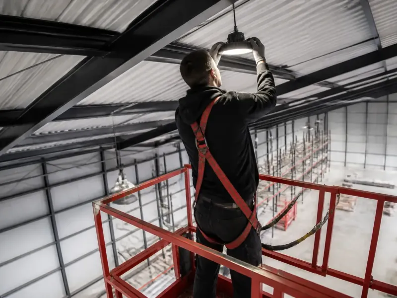 Électricien en nacelle remplaçant un luminaire LED sous la charpente d’un hangar