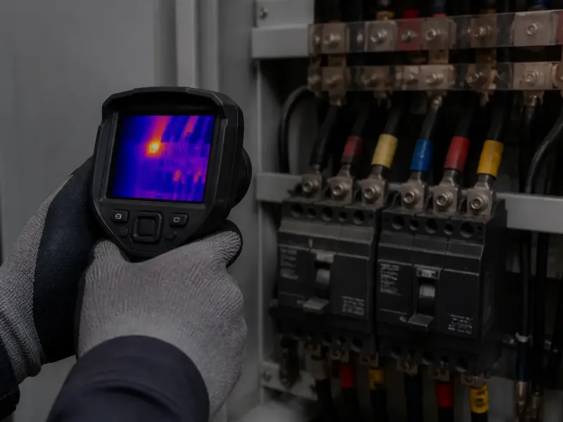 Caméra thermique pointée sur un tableau électrique, point chaud visible à l’écran