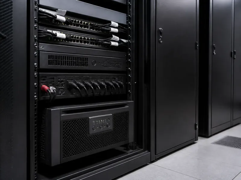Onduleur et baie informatique dans une salle serveur de petite entreprise