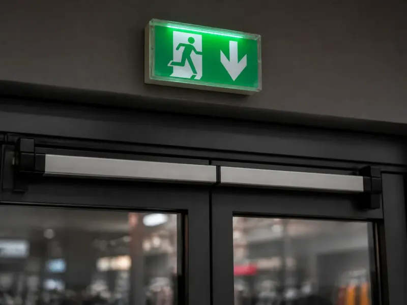 Bloc d’éclairage de sécurité au-dessus d’une porte de sortie dans un commerce