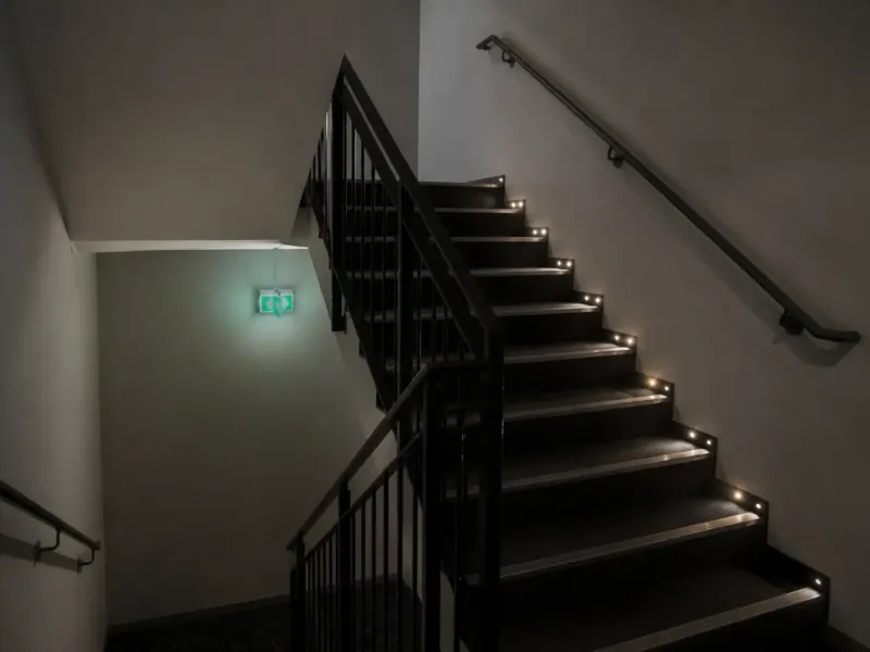 Escalier d’hôtel avec balisage lumineux et éclairage de sécurité