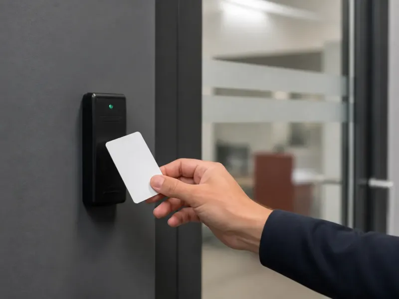 Lecteur de badge à côté d’une porte d’entrée de bureaux