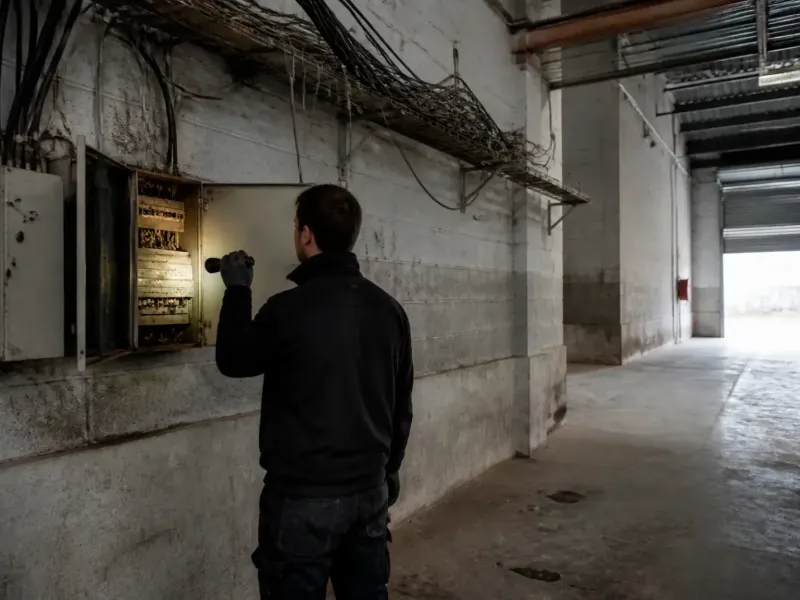 Électricien vérifiant le tableau général d’un local d’activité vide