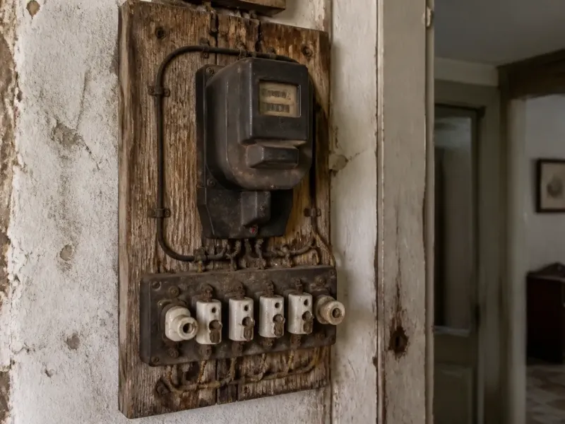 Tableau électrique ancien à fusibles dans l’entrée d’une maison de village
