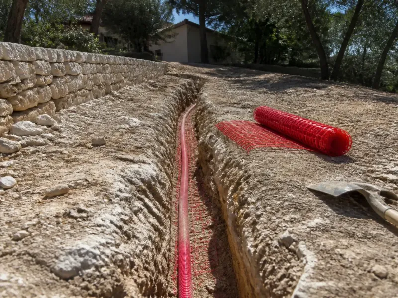 Tranchée ouverte dans un jardin provençal avec gaine rouge et grillage avertisseur