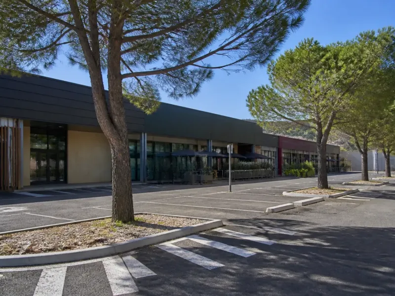 Enfilade de magasins et restaurants au bord d’un parking de zone commerciale, pins en arrière-plan