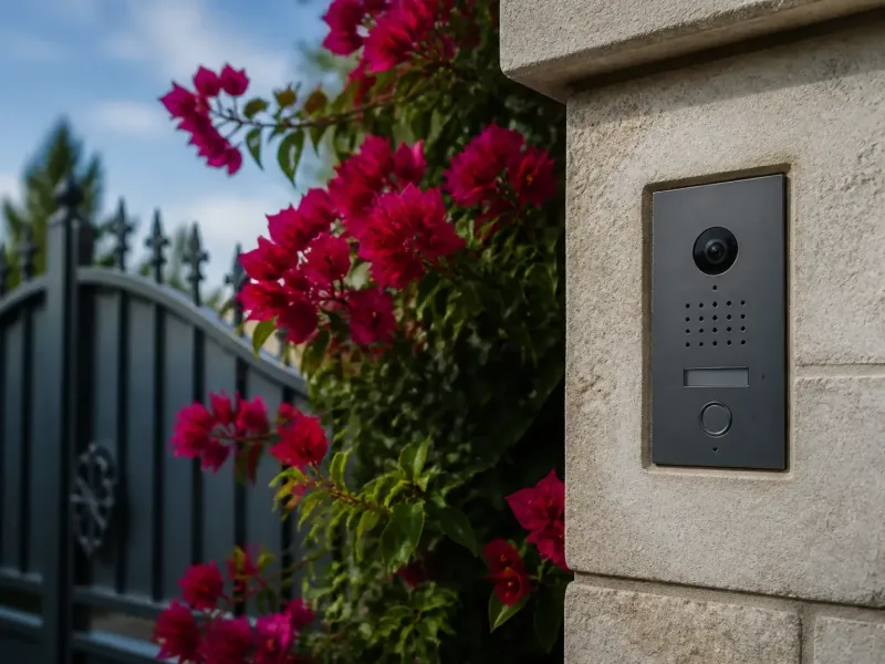 Visiophone installé sur le pilier d’un portail de villa en pierre