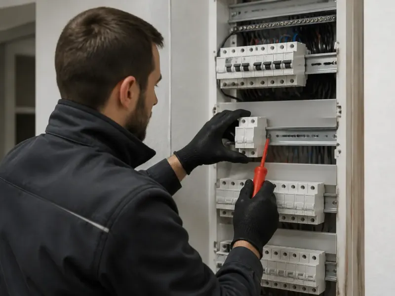 Électricien câblant un tableau électrique neuf avec interrupteurs différentiels et places libres