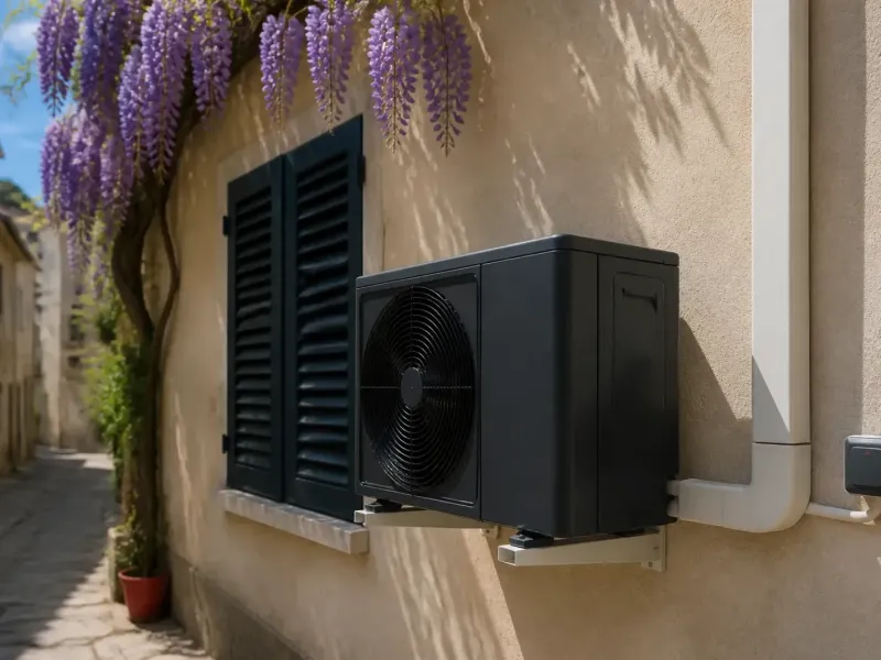 Unité extérieure de climatisation fixée au mur d’une maison de village, câble sous goulotte
