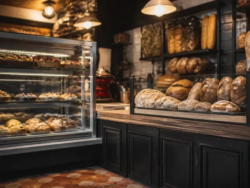 Petite boulangerie de village provençal, vitrine réfrigérée et éclairage chaud