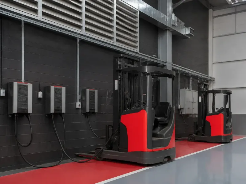 Local de charge de batteries de chariots élévateurs, chargeurs muraux alignés