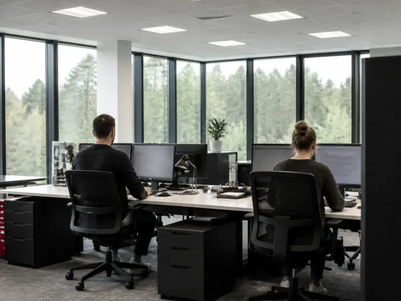 Bureau lumineux éclairé par des dalles LED et la lumière du jour, postes de travail