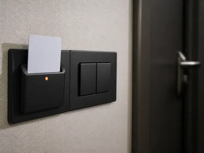Porte-badge d’alimentation à l’entrée d’une chambre d’hôtel, carte insérée