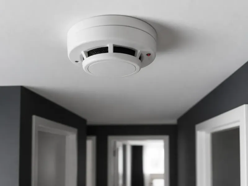 Détecteur de fumée fixé au plafond d’un couloir de logement
