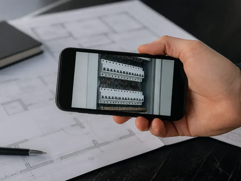 Photos d’un tableau électrique affichées sur un téléphone posé sur des plans