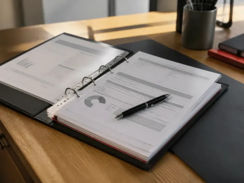 Classeur de documents administratifs d’entreprise sur un bureau, attestations et contrat
